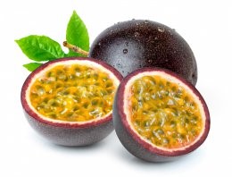 Passion,Fruit,(maracuya,Passiflora),With,Green,Leaf,And,Cut,In